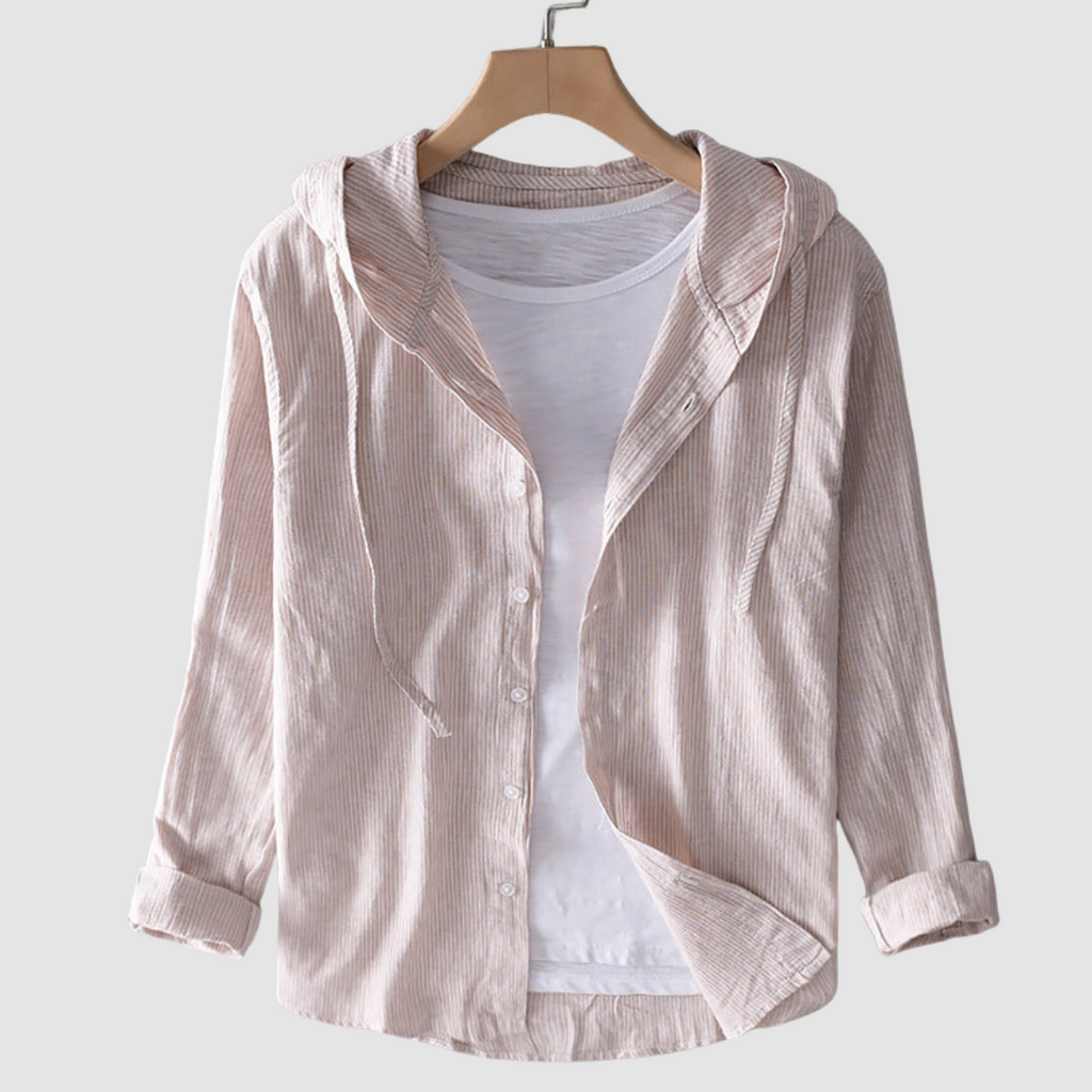 Beige hooded button-front blouse with lightweight fabric, long sleeves