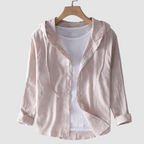 Beige hooded button-front blouse with lightweight fabric, long sleeves