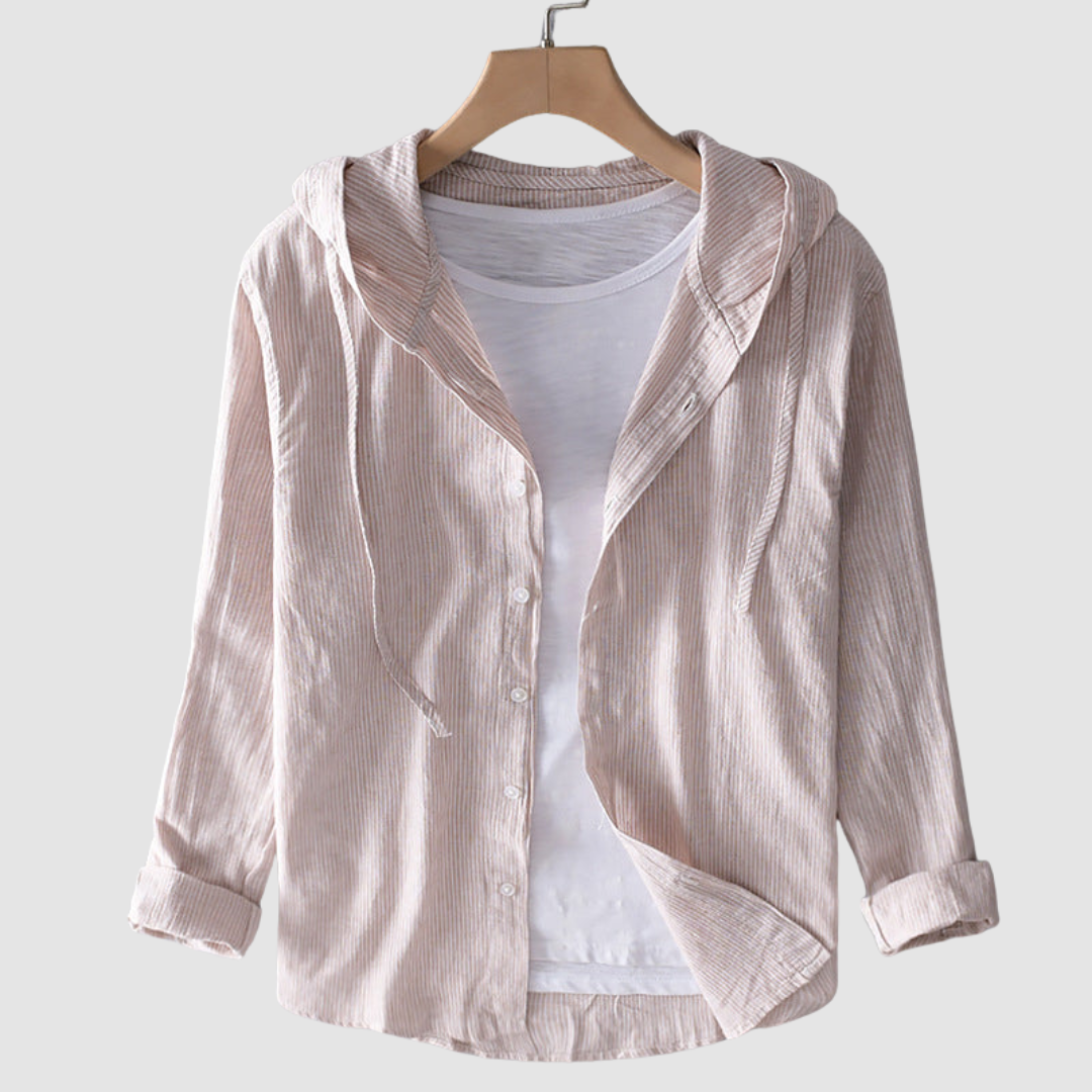 Beige hooded button-front blouse with lightweight fabric, long sleeves