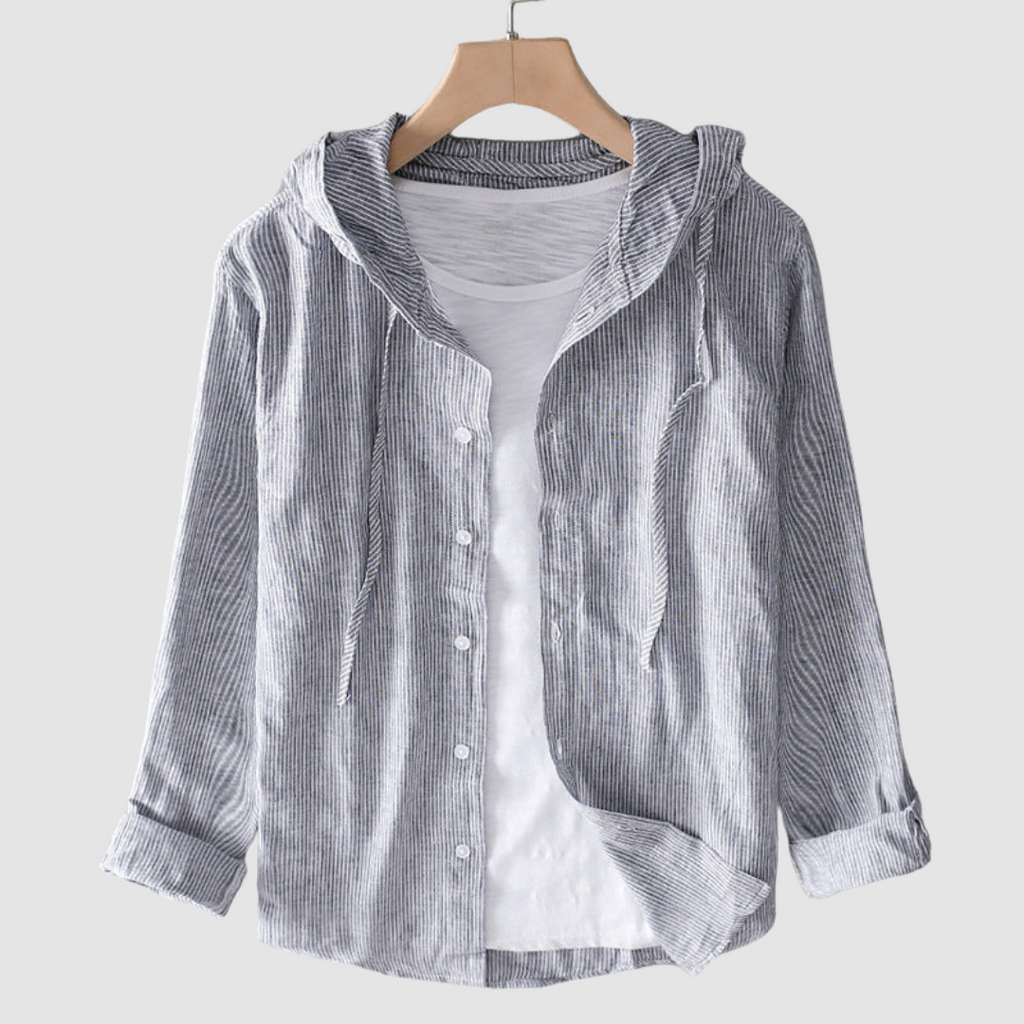 Gray hooded button-front blouse with lightweight fabric, long sleeves and hood