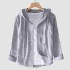 Gray hooded button-front blouse with lightweight fabric, long sleeves and hood