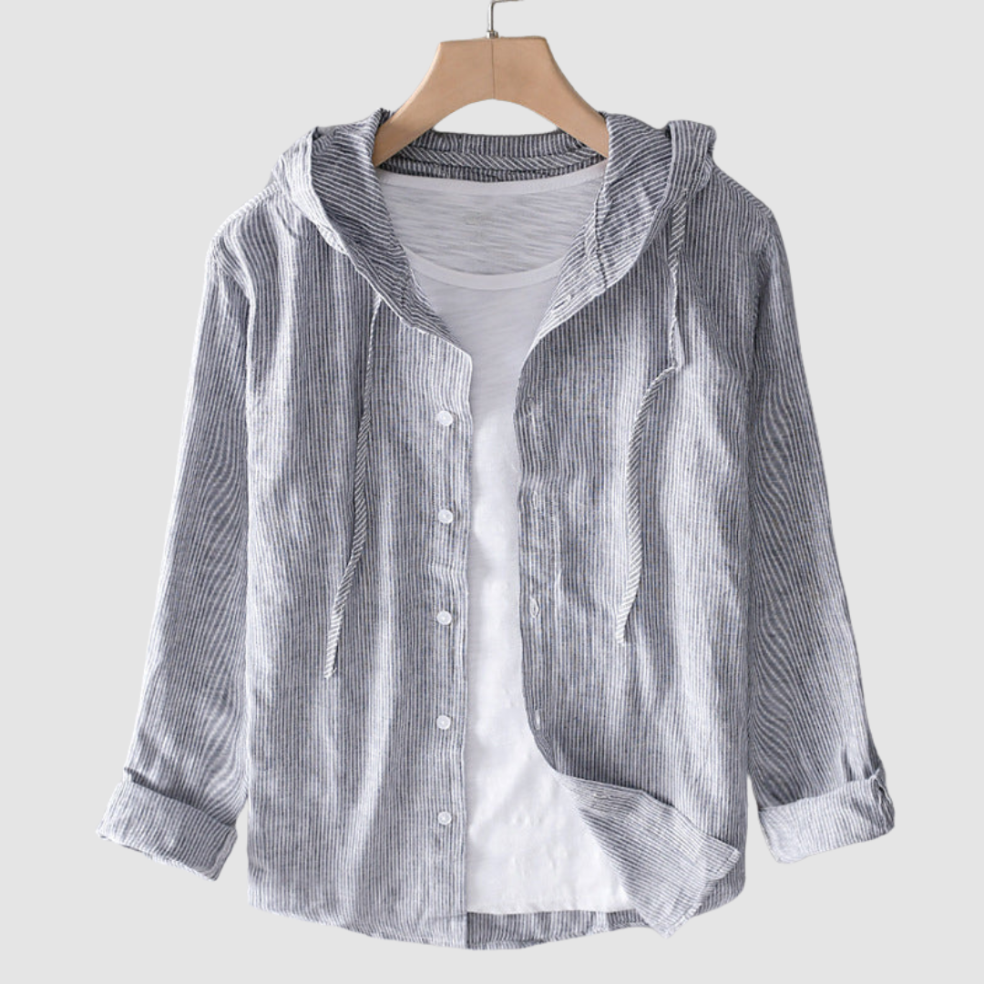 Gray hooded button-front blouse with lightweight fabric, long sleeves and hood