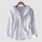 White hooded button-front blouse with lightweight fabric, long sleeves