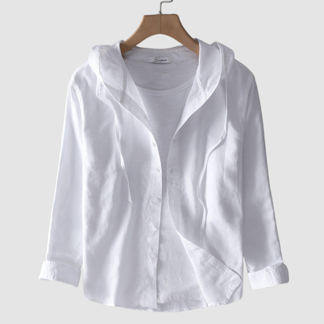White hooded button-front blouse with lightweight fabric, long sleeves
