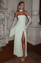 Strapless light mint maxi dress with high front slit and draped asymmetrical panel