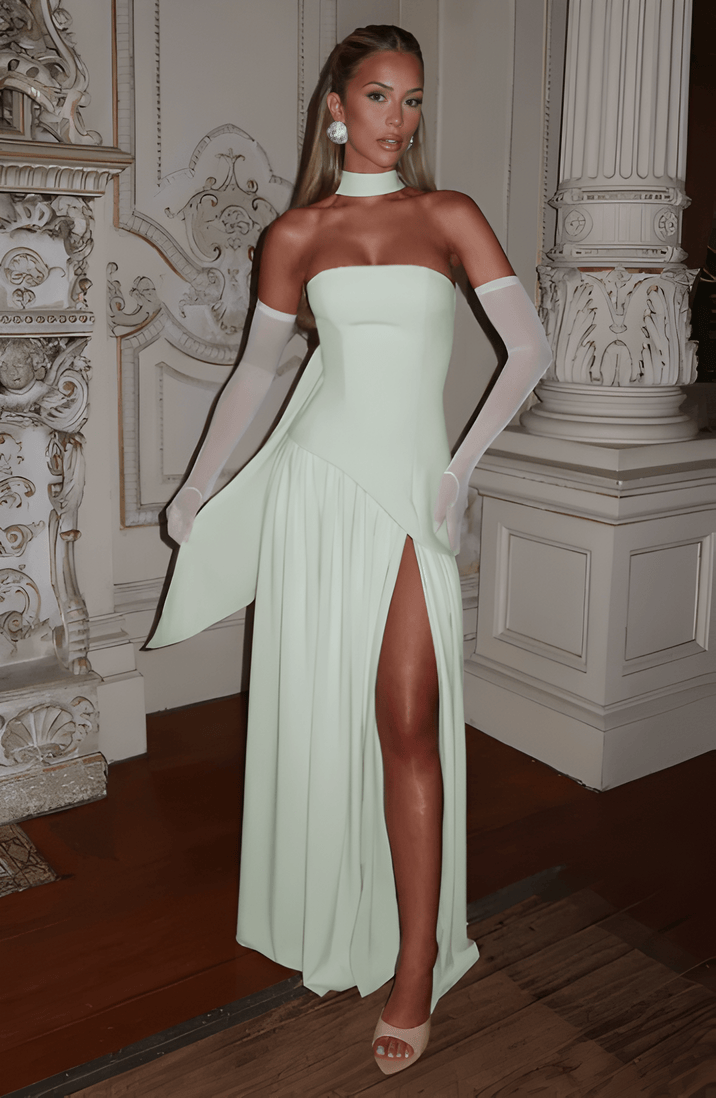 Strapless light mint maxi dress with high front slit and draped asymmetrical panel