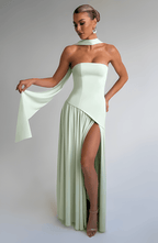 Strapless long slit maxi dress in mint green, fitted bodice, draped skirt with side slit