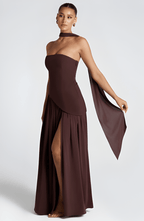Strapless long slit maxi dress in dark plum, fitted bodice, flowing skirt with side slit