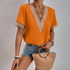 Women's relaxed-fit short-sleeve T-shirt blouse, orange with lace V-neck and sleeve trim