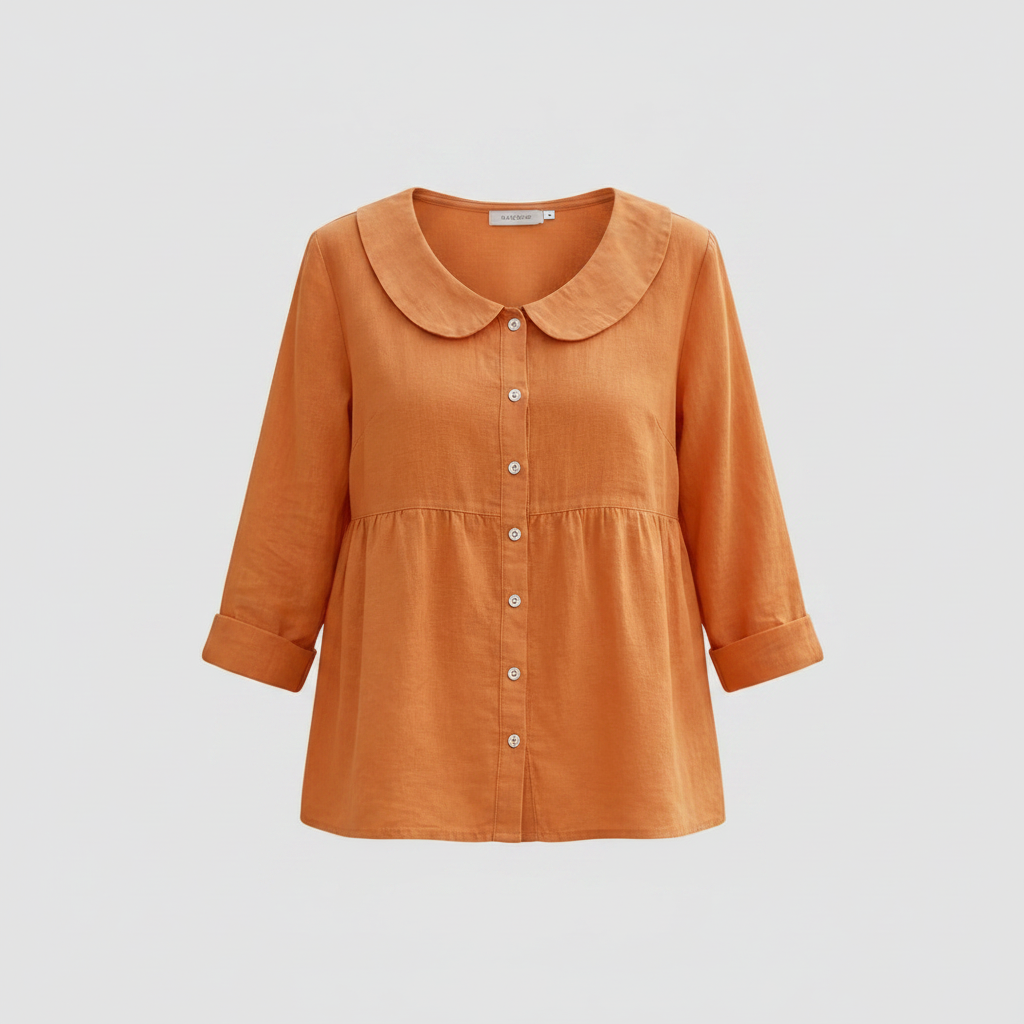 Orange cotton-linen peplum blouse with Peter Pan collar and button front