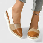 Women's color-block espadrille wedge loafers with white, tan, and brown panels