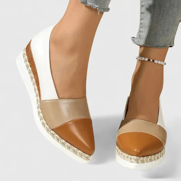 Women's color-block espadrille wedge loafers with white, tan, and brown panels