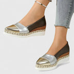 Women's two-tone wedge loafers with metallic peep-toe and espadrille sole