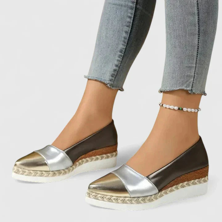 Women's two-tone platform loafers with metallic vamp and woven espadrille wedge