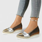 Women's two-tone platform loafers with metallic vamp and woven espadrille wedge