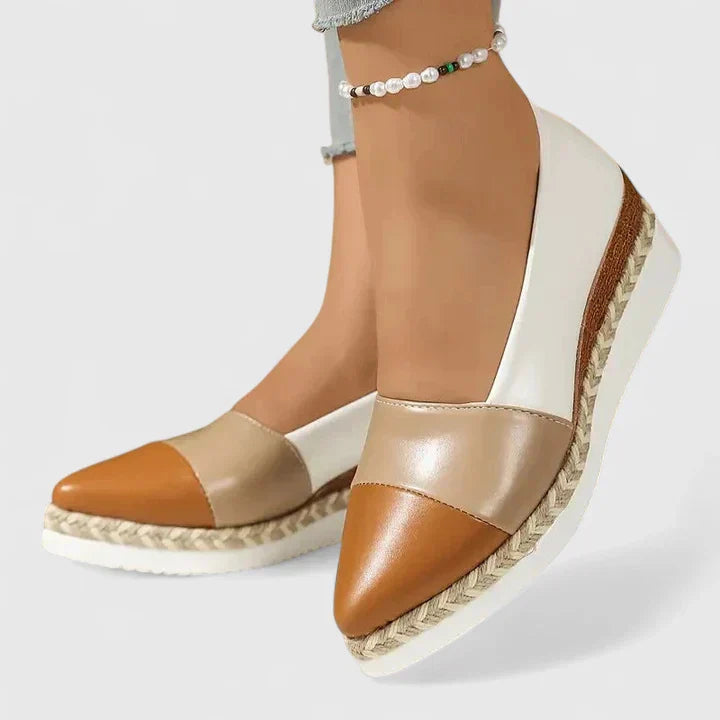 Women's color-block espadrille wedge loafers in cream and tan with open topline