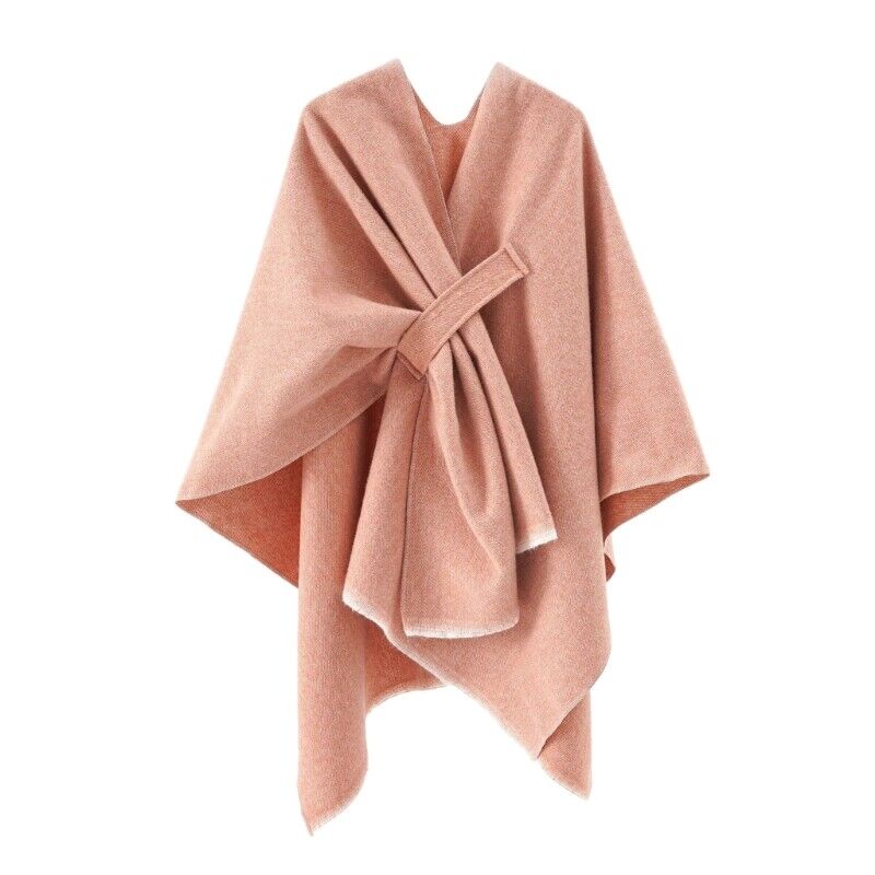 Cashmere poncho in dusty pink, draped shawl with V neckline and center bow tie