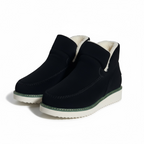 Black suede ankle slip-on boots with shearling lining and green-trim platform sole