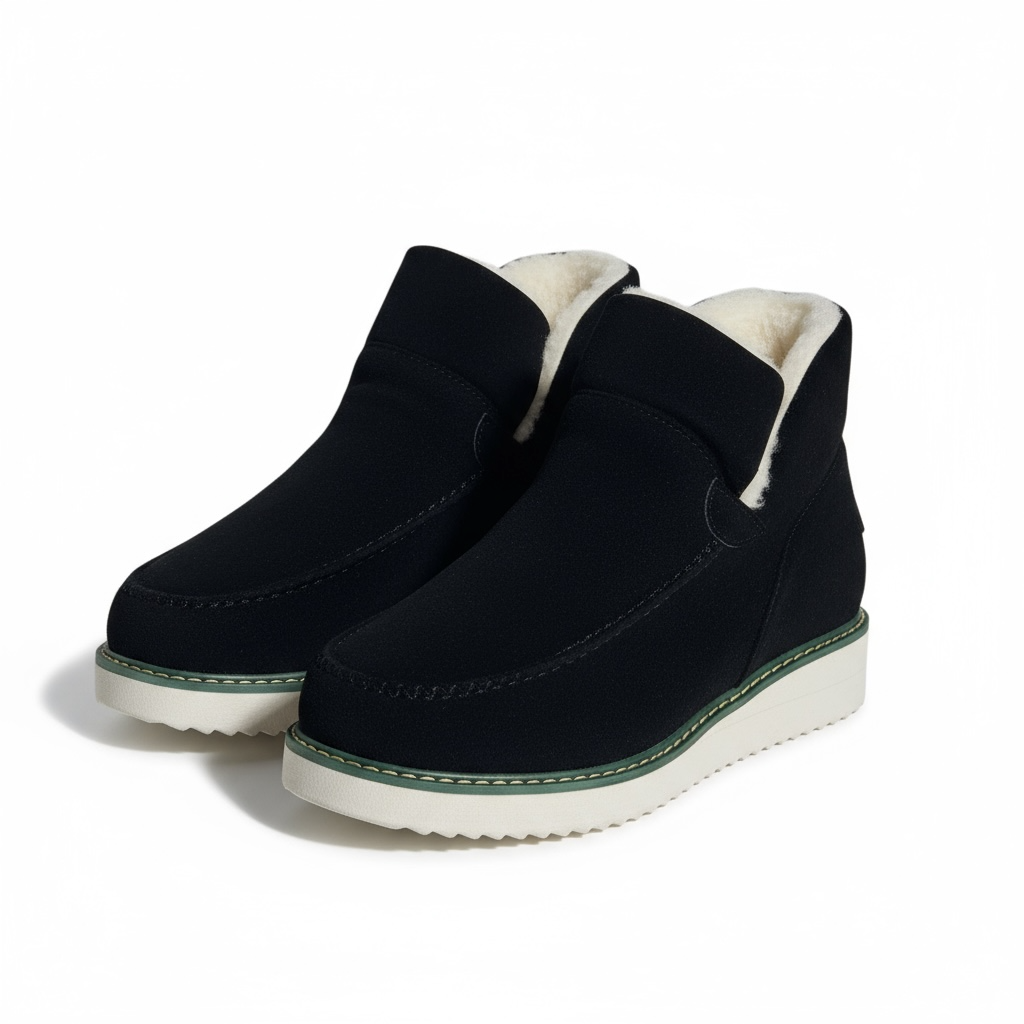 Black suede ankle slip-on boots with shearling lining and green-trim platform sole