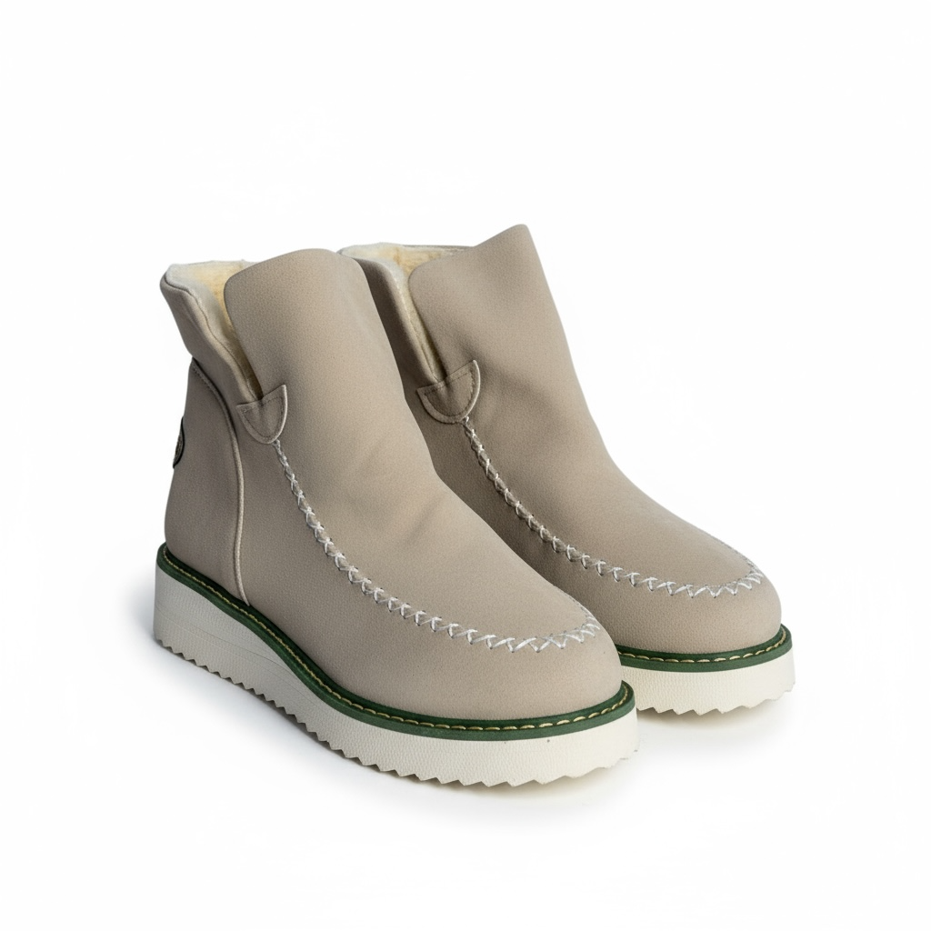 Beige suede ankle slip-on boots with shearling lining and green-trim platform sole