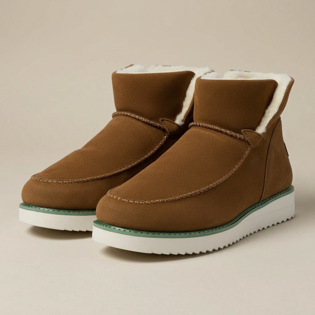 Brown slip-on ankle winter boots with faux fur lining and low profile sole