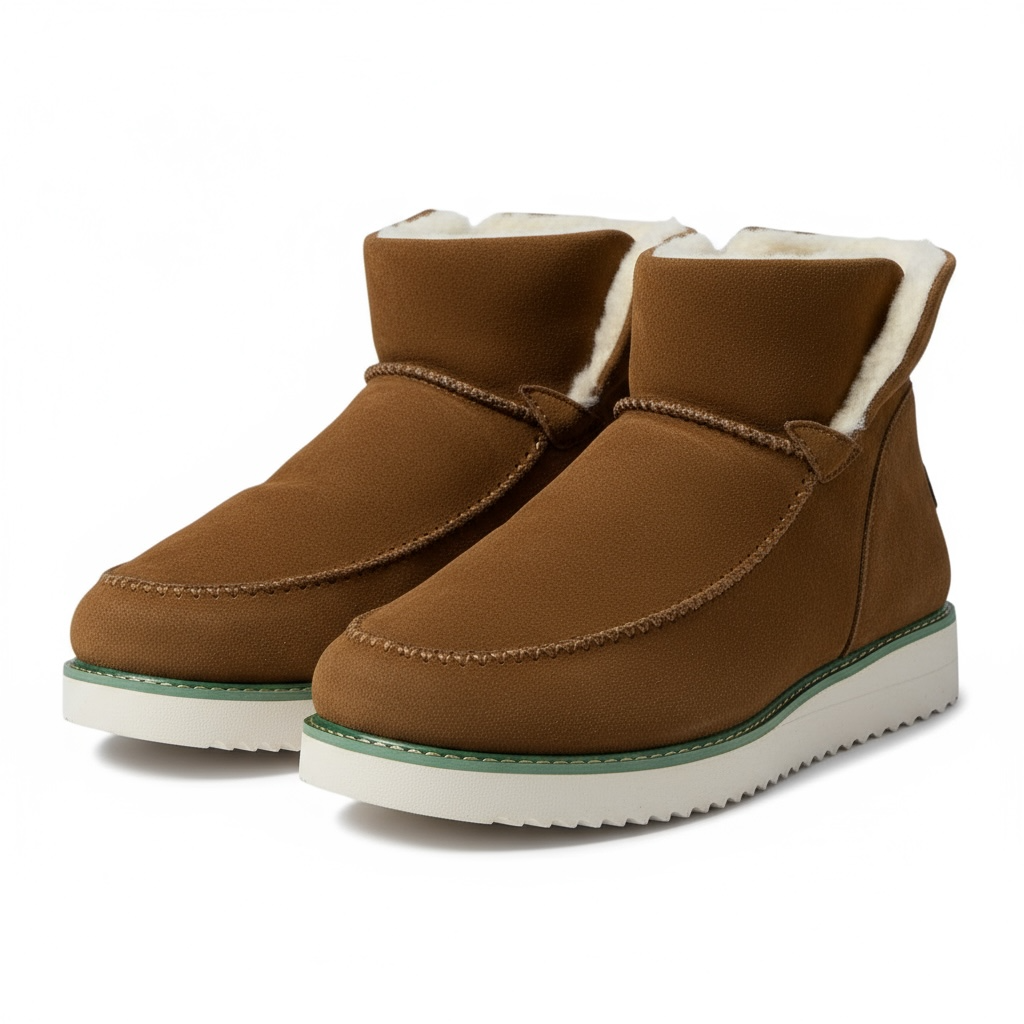 Brown suede ankle slip-on boots with shearling lining, moc-style seam and green-trim sole