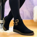 Women’s double-buckle ankle boots, dark black with two square straps
