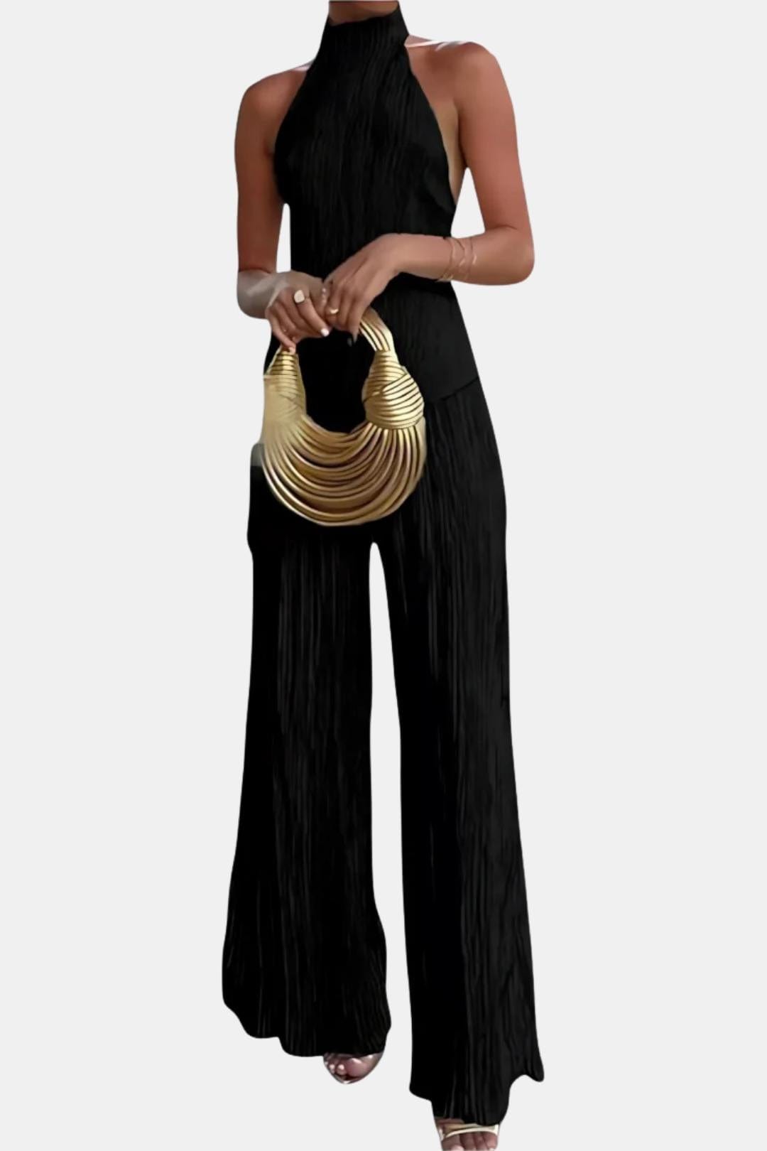 Black pleated sleeveless halter top and wide-leg trousers, two-piece set