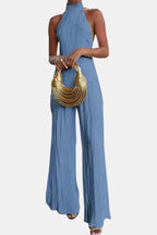 Blue pleated sleeveless halter top and wide-leg trousers, two-piece set