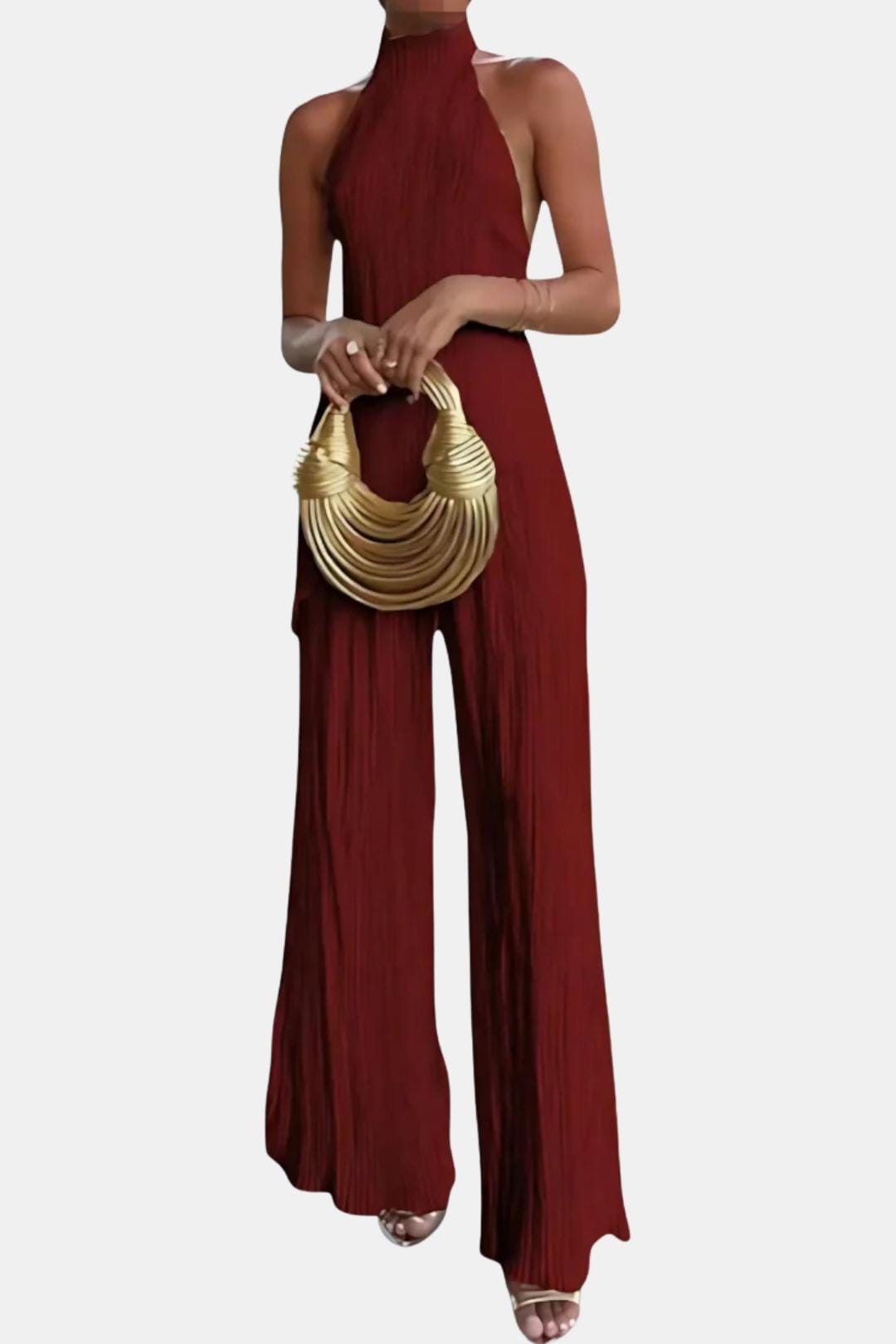 Red pleated sleeveless halter top and wide-leg trousers, two-piece set