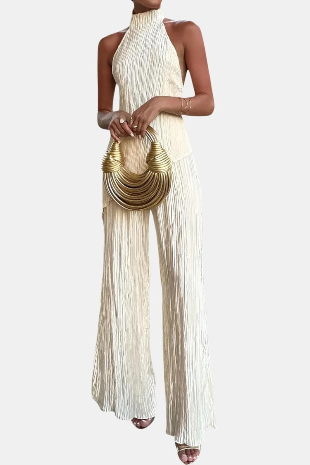Cream pleated halter top and wide-leg trousers, sleeveless two-piece set