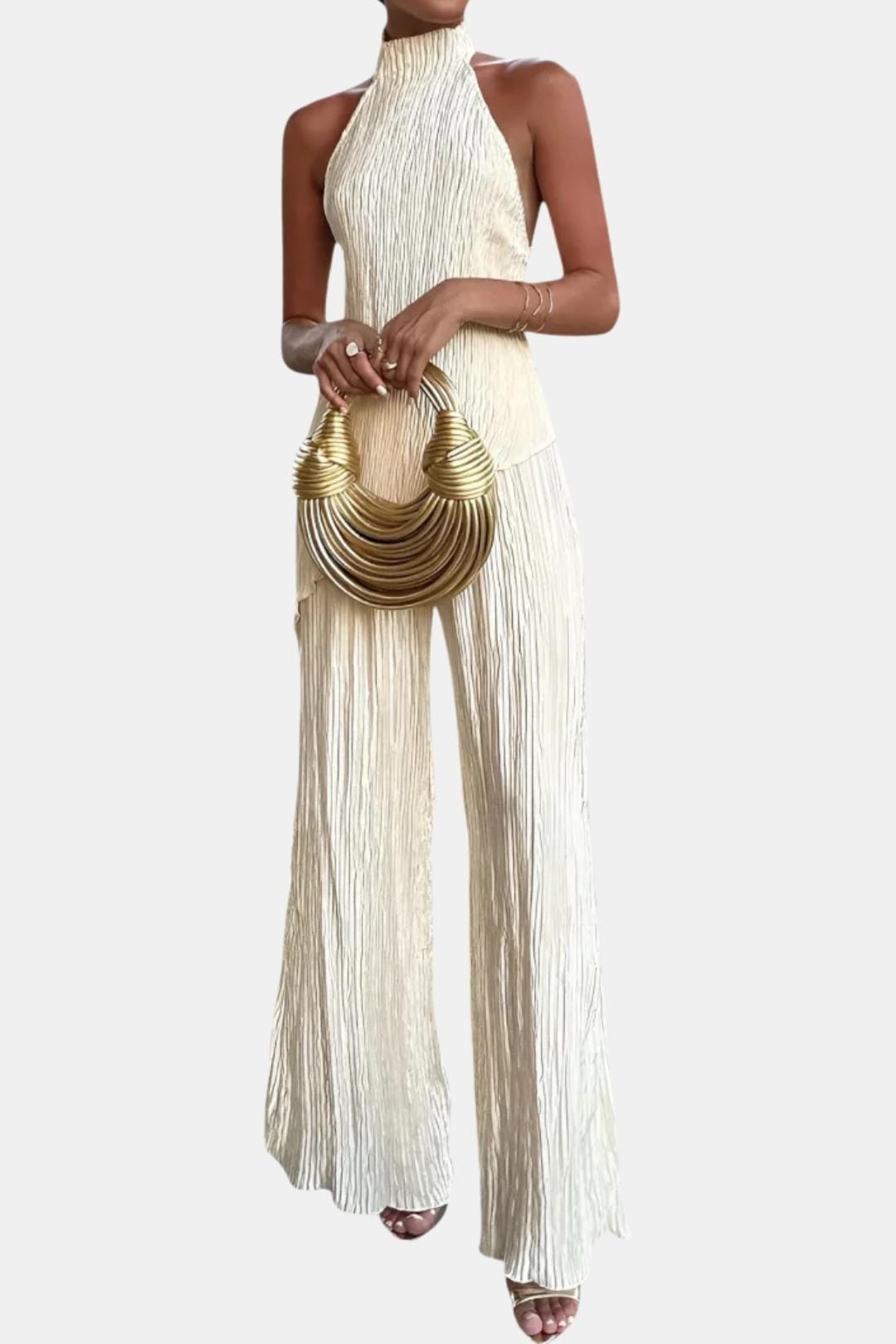 Cream pleated halter top and wide-leg trousers, sleeveless two-piece set