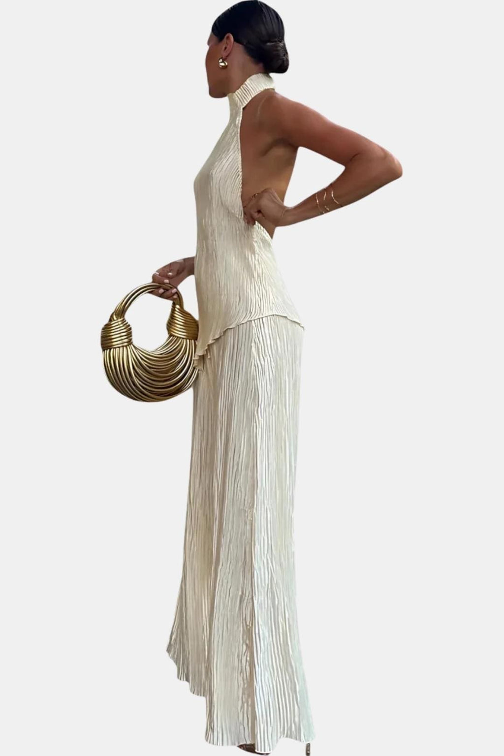 Cream pleated sleeveless halter top and wide-leg trousers, open-back two-piece set