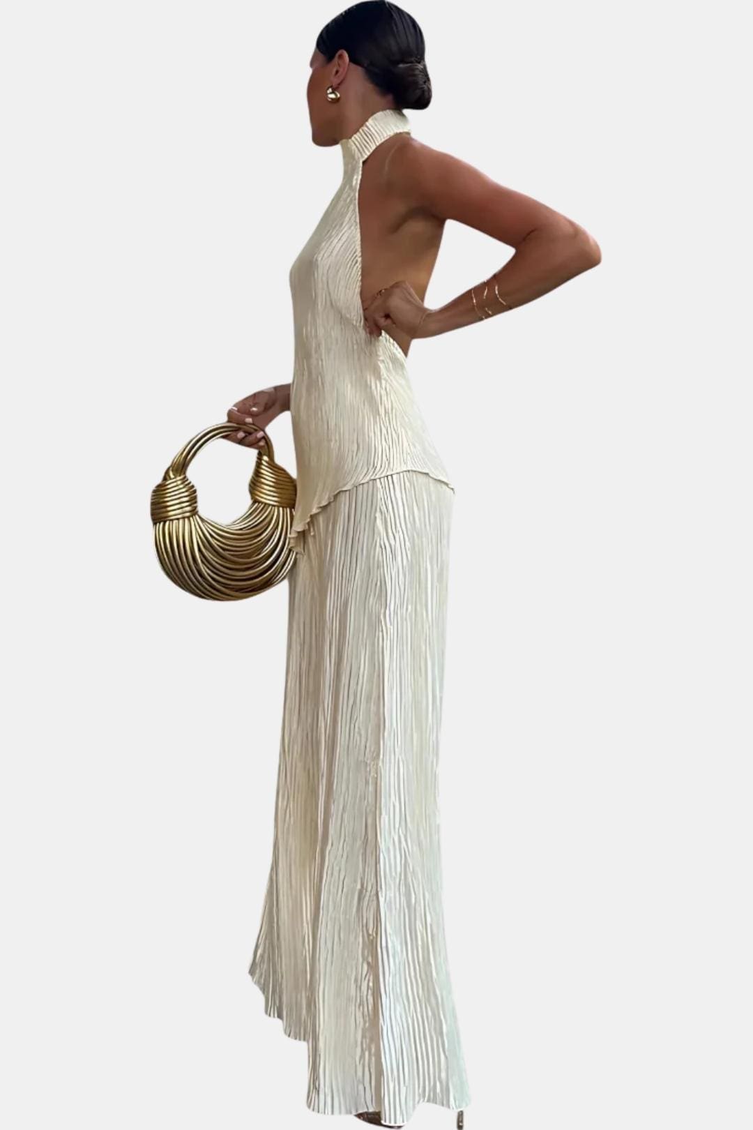 Cream pleated sleeveless halter top and wide-leg trousers, open-back two-piece set