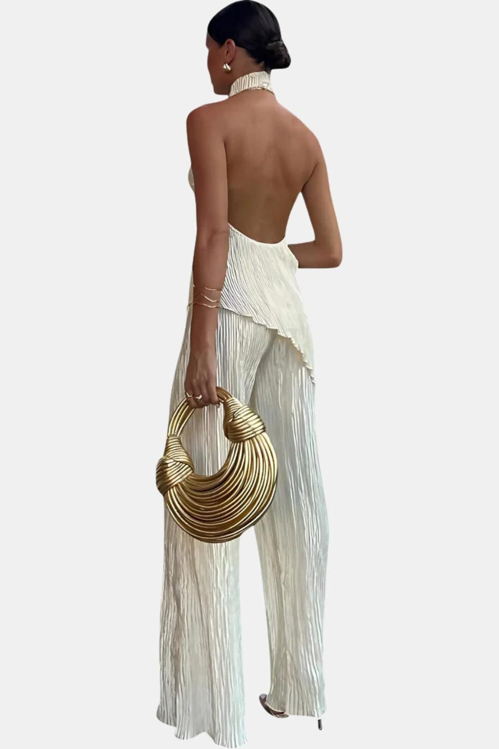 Cream pleated halter top and wide-leg trousers, low back detail two-piece set