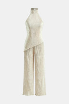 Cream pleated two-piece set: sleeveless high-neck top and wide-leg pants