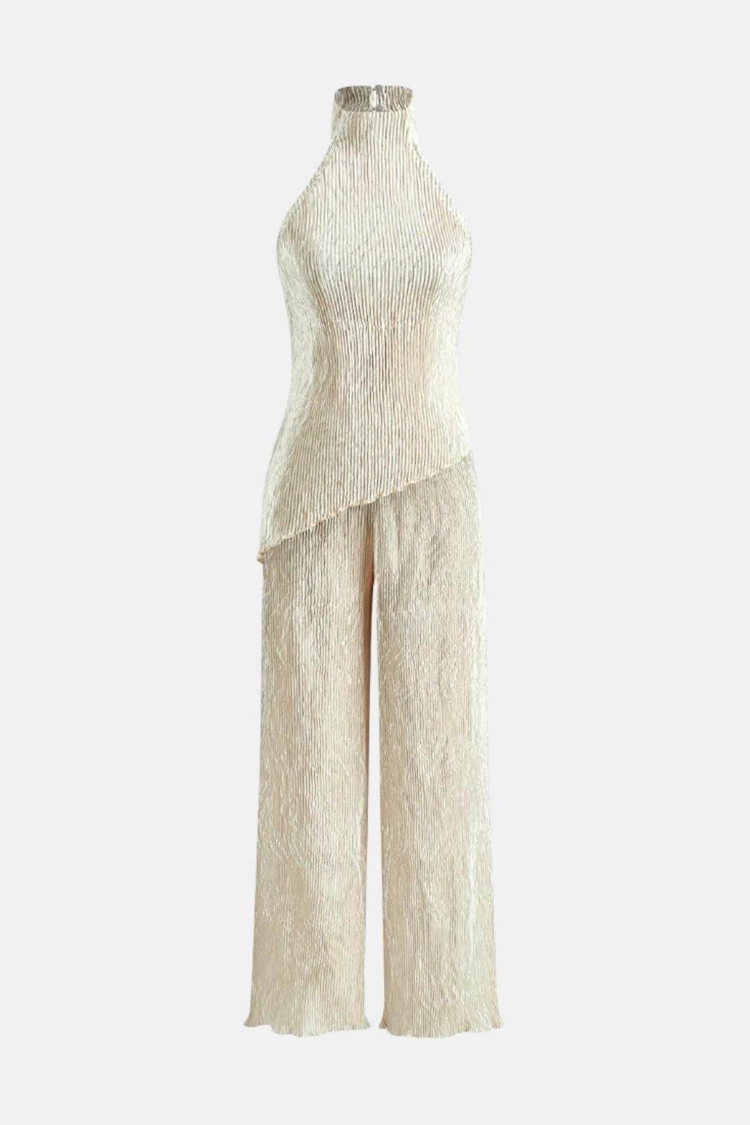 Cream pleated two-piece set: sleeveless high-neck top and wide-leg pants