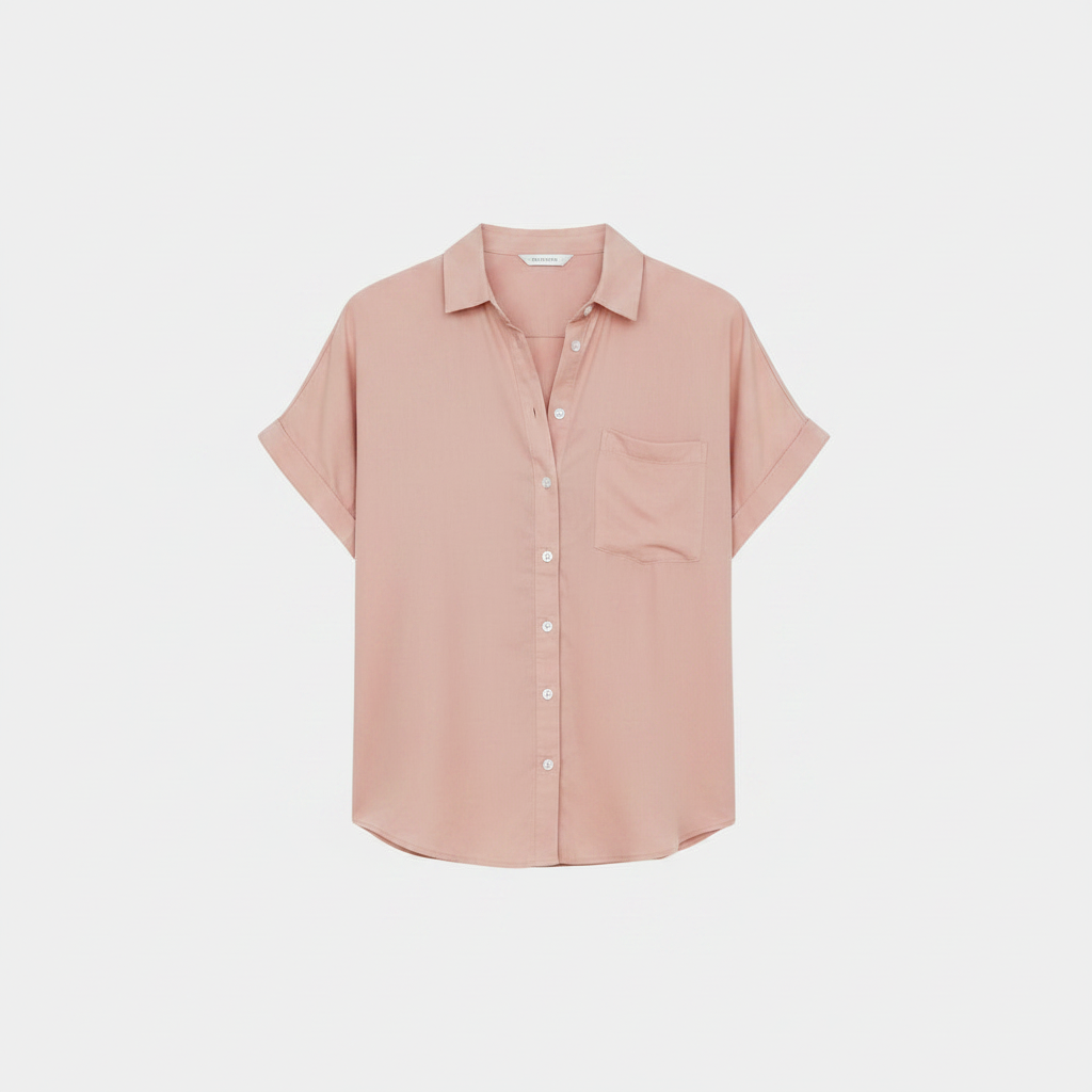 Pink relaxed button-up blouse with collar, chest pocket, and cuffed short sleeves