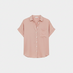 Pink relaxed button-up blouse with collar, chest pocket, and cuffed short sleeves