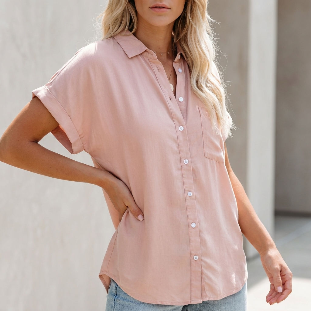 Pink button-up blouse with collar, front buttons, chest pocket, short sleeves