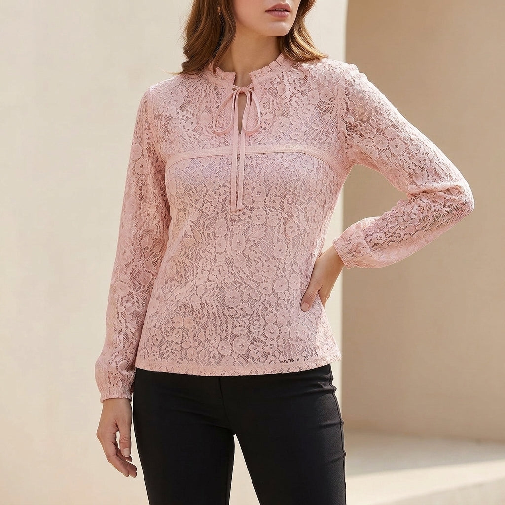 Sheer lace blouse in pink with floral lace and ruffle collar