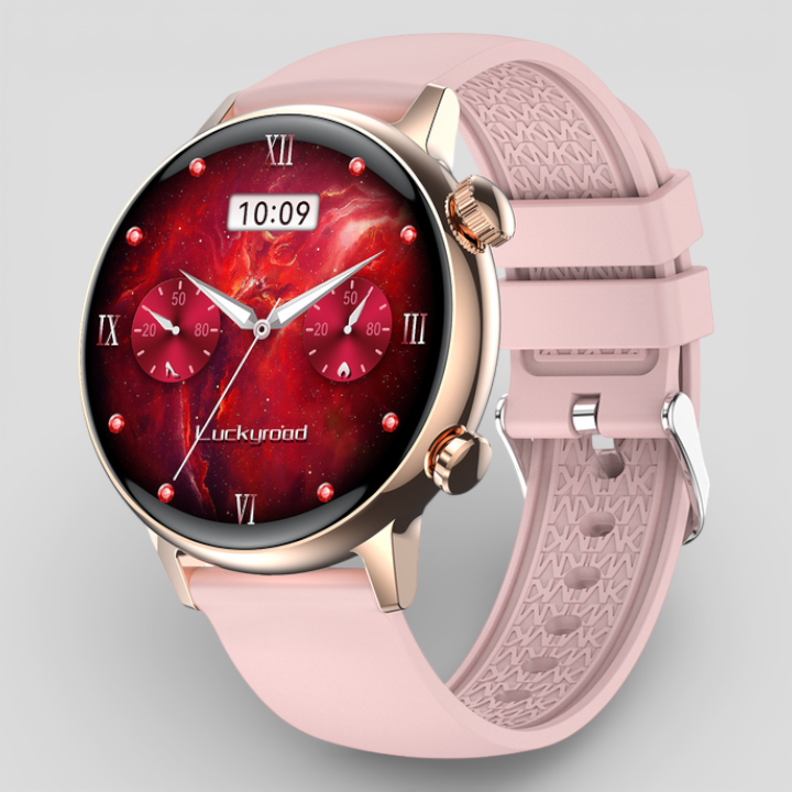Rose-gold smartwatch with pink silicone strap and red starry analog clock face