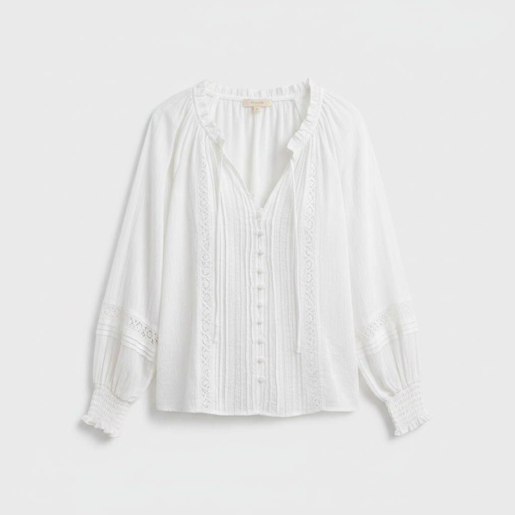 Boho V-Neck Relaxed Blouse with Lace Trim and Long Sleeves for Women