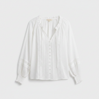 Boho V-Neck Relaxed Blouse with Lace Trim and Long Sleeves for Women