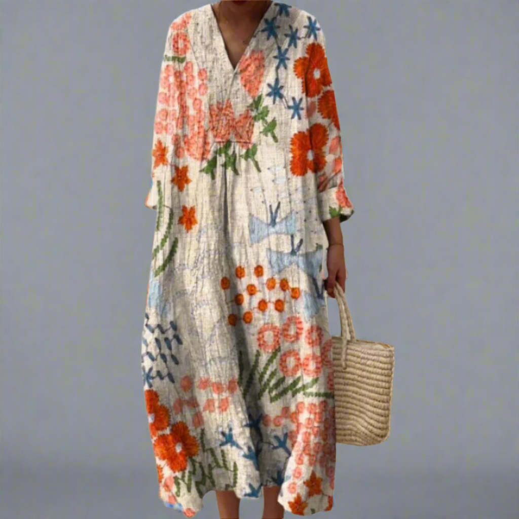 Women’s midi dress with multicolor geometric floral print, relaxed fit, V-neck, 3/4 sleeves