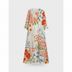 Women midi dress with geometric floral print, relaxed fit, V-neck, 3/4 sleeves