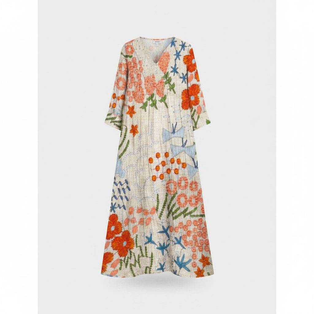 Women midi dress with geometric floral print, relaxed fit, V-neck, 3/4 sleeves