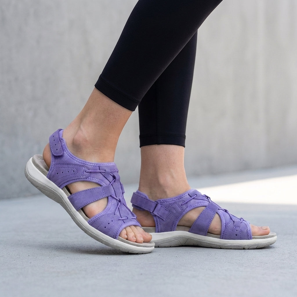 Orthopedic sandals with adjustable straps and contoured footbed in purple