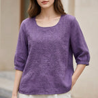 Purple embroidered blouse with round neck and 3/4 sleeves