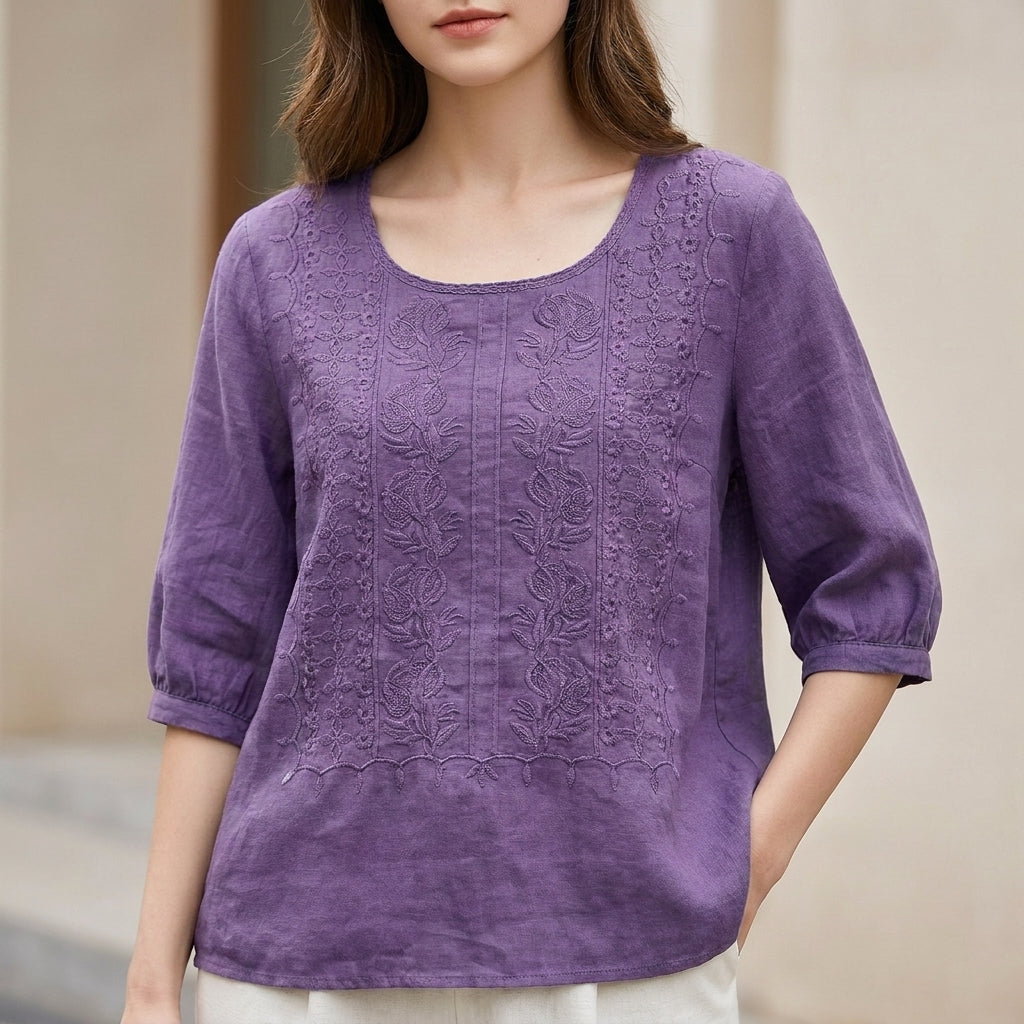 Purple embroidered blouse with round neck and 3/4 sleeves